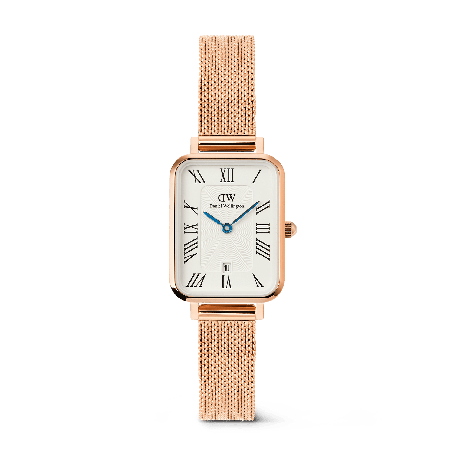 Rose gold ladies watch with a rectangular case, white dial featuring Roman numerals, blue hands, date display at 6 o’clock, and a mesh strap, ideal for everyday elegance and versatility.