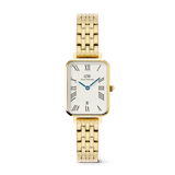 Rectangular ladies gold watch with a 5-link bracelet, white guilloché dial, Roman numerals, date window, and polished gold finish, suitable for everyday wear or formal occasions.