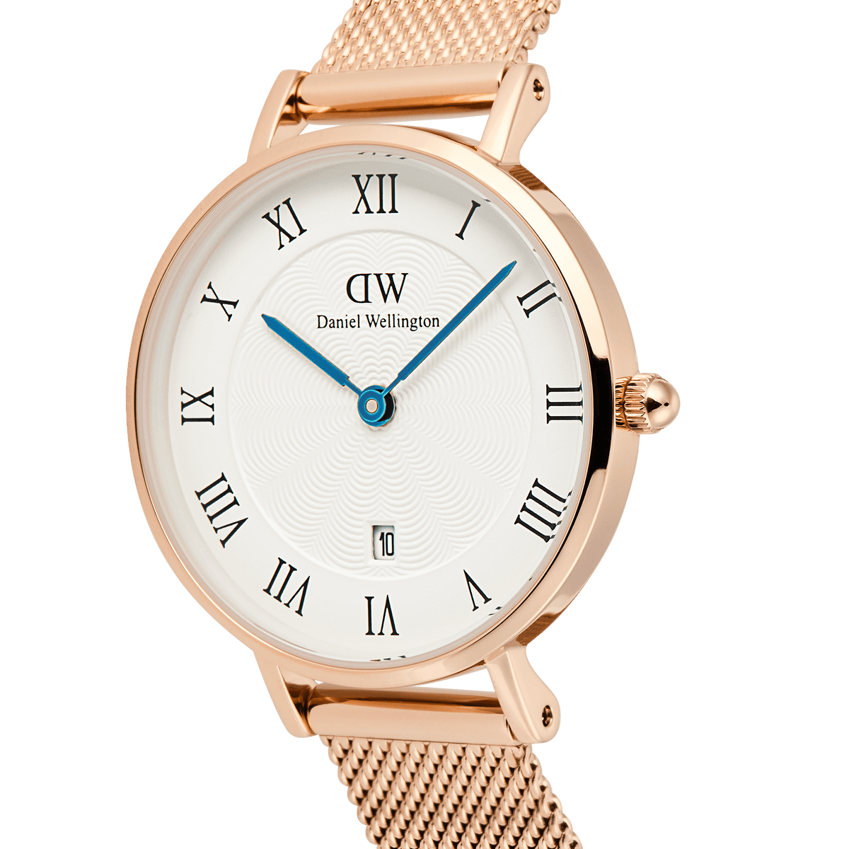 Close-up of the Petite Roman Numerals Date Rose Gold watch featuring a rose gold case, white guilloché-patterned dial with Roman numerals, blue hands, date window at 6 o’clock, and a slim rose gold mesh strap.