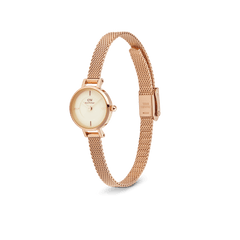 Petite Mini Champagne Melrose watch with a champagne dial and rose gold mesh strap, shown at an angle to highlight its slim profile and refined clasp detail.