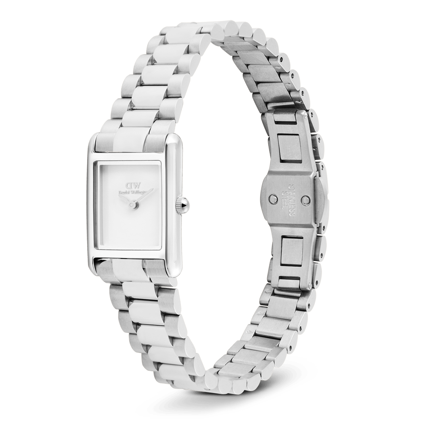Daniel Wellington Bound Mini 3-Link Silver watch featuring a petite rectangular case, minimalist white dial, and slim 3-link stainless steel bracelet with a butterfly clasp, shown from a side angle to highlight its adjustable and comfortable fit.