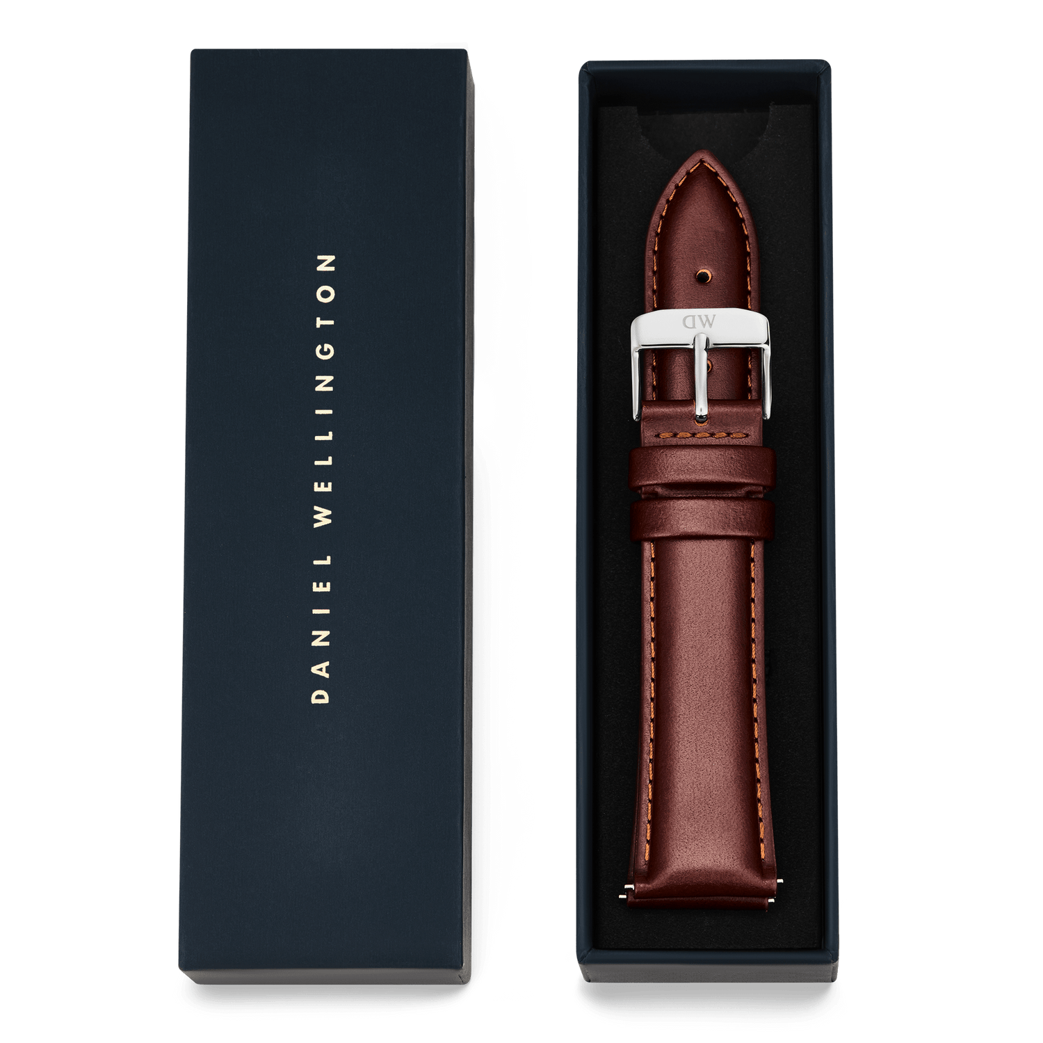 Tapered St Mawes Strap Silver presented in a premium Daniel Wellington gift box, featuring brown genuine leather with subtle stitching and a polished silver buckle.