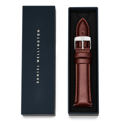 Tapered St Mawes Strap Silver presented in a premium Daniel Wellington gift box, featuring brown genuine leather with subtle stitching and a polished silver buckle.