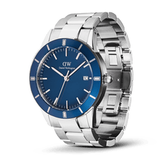Iconic Paradigma Link Blue Enamel Silver men’s watch with a vibrant blue enamel dial, satin-finish bezel, date display, and a polished and brushed stainless steel three-link bracelet.