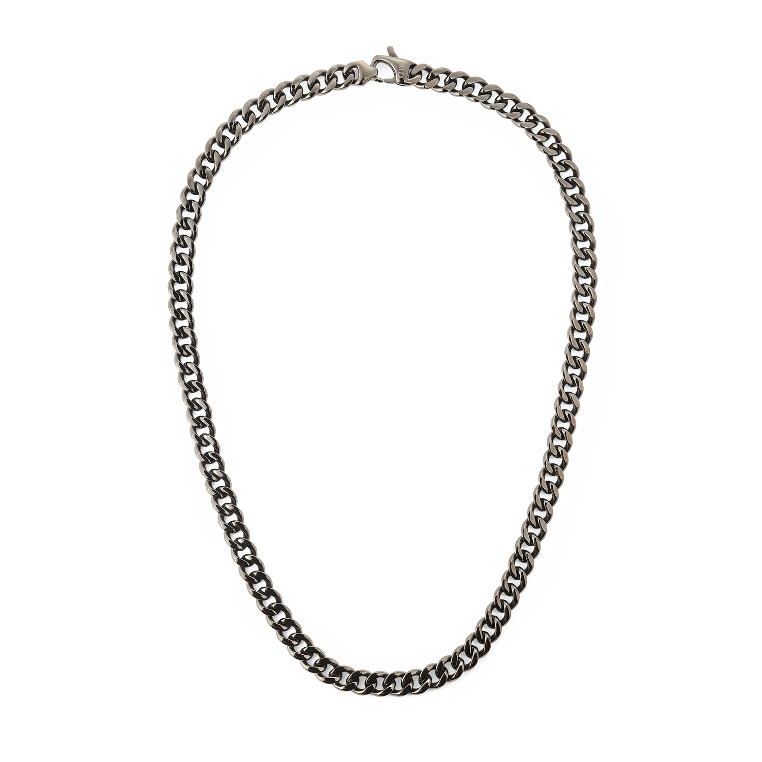 Ellipse Cuban Chain Necklace Graphite featuring chunky Cuban links and a matte graphite finish, crafted from stainless steel with a secure lobster clasp.