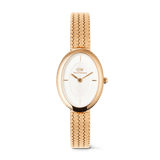 Juliette Braided Mesh White Sunray Rose Gold watch featuring a slim oval case, white sunray dial, minimalist indices, and a braided rose gold mesh strap with polished finish.