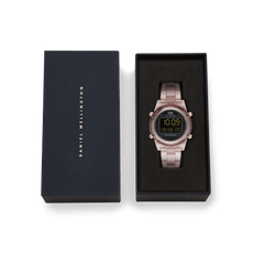 Retro Digital Dark Pink Dark Pink women’s watch with a transparent pink strap and black digital dial, presented in a Daniel Wellington gift box with minimalist black and gold branding.
