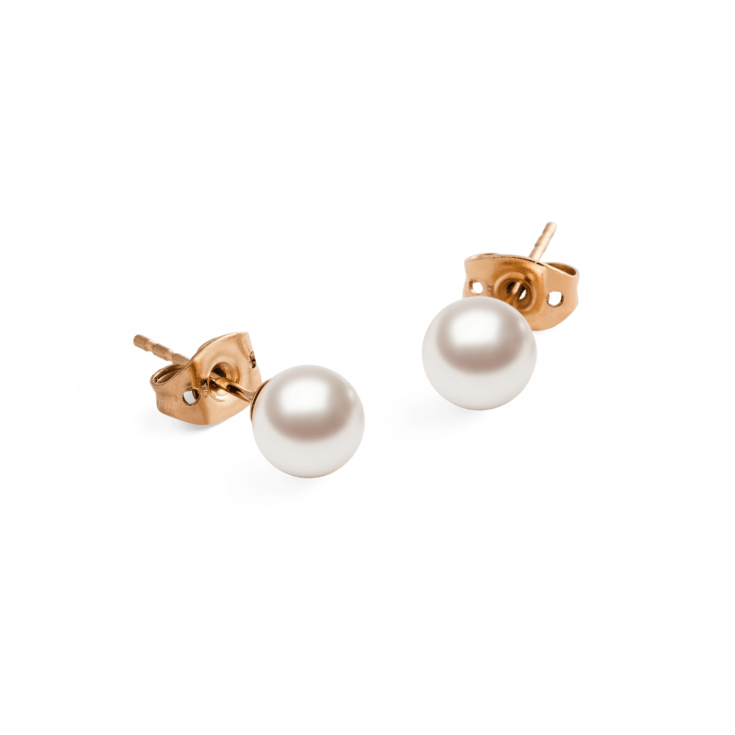 Pearl Stud Earring Rose Gold featuring round white Swarovski glass pearls set in slim rose gold mounts with secure butterfly backings, shown against a plain background to highlight their minimalist and elegant style.