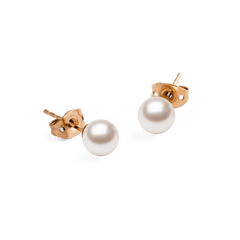 Pearl Stud Earring Rose Gold featuring round white Swarovski glass pearls set in slim rose gold mounts with secure butterfly backings, shown against a plain background to highlight their minimalist and elegant style.