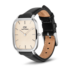 Marlon Sheffield Linen Silver men's watch with a rectangular stainless steel case, linen-textured dial, minimalist silver markers, and a genuine black leather strap featuring a pin buckle closure.