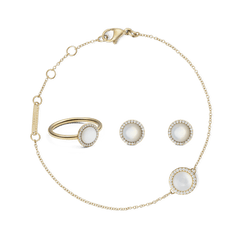 Gold jewellery set featuring a delicate bracelet, matching ring, and stud earrings, each with a round mother of pearl centre surrounded by sparkling stones for an elegant, coordinated look.