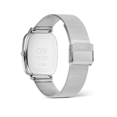 Back view of the Marlon Wire Linen Silver men’s watch showing the engraved stainless steel case, adjustable silver mesh strap with clasp, and detailed branding.