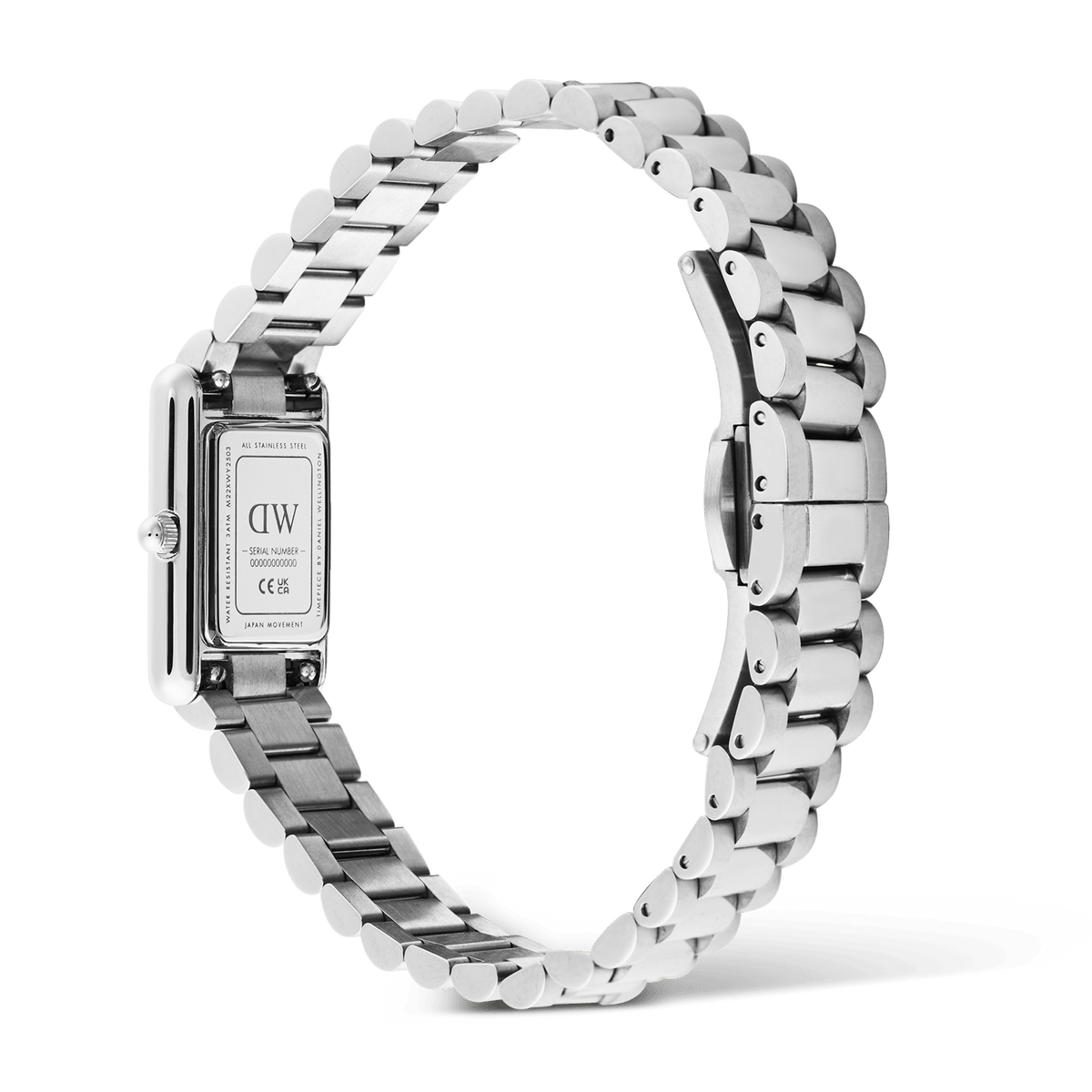Rear view of the Daniel Wellington Bound Mini 3-Link Silver watch, highlighting the stainless steel case back, engraved branding, and the slim 3-link adjustable bracelet with butterfly clasp.