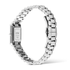 Rear view of the Daniel Wellington Bound Mini 3-Link Silver watch, highlighting the stainless steel case back, engraved branding, and the slim 3-link adjustable bracelet with butterfly clasp.