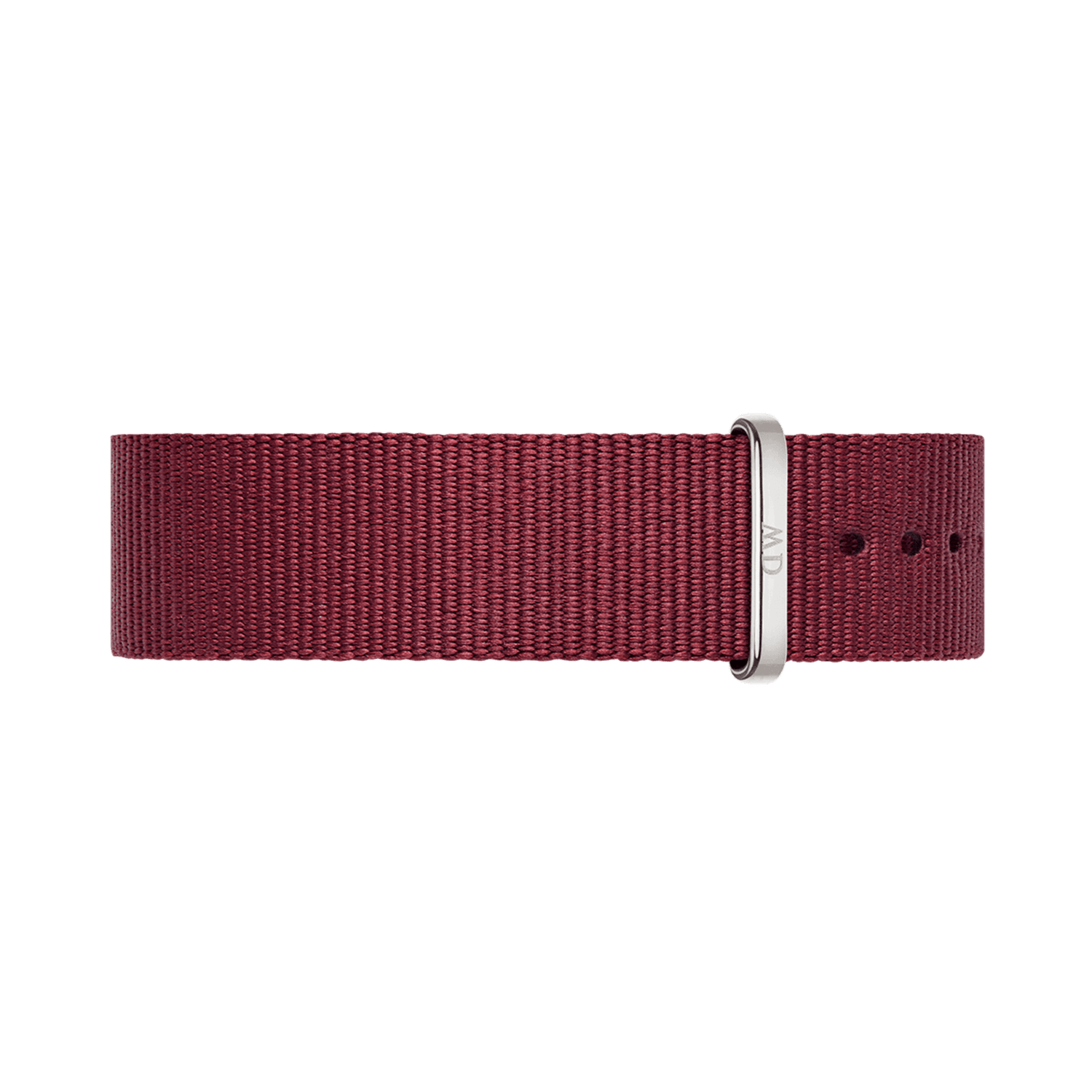 Roselyn Strap Silver in deep ruby red polyester with a minimalist NATO design and a polished silver buckle, suitable for both men’s and women’s watches.