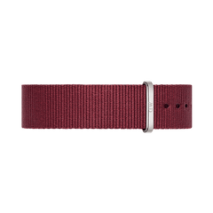 Roselyn Strap Silver in deep ruby red polyester with a minimalist NATO design and a polished silver buckle, suitable for both men’s and women’s watches.