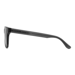 Side view of Rectangular Bio-Acetate Grey Grey sunglasses showing the transparent grey bio-acetate frame and Daniel Wellington branding along the temple.