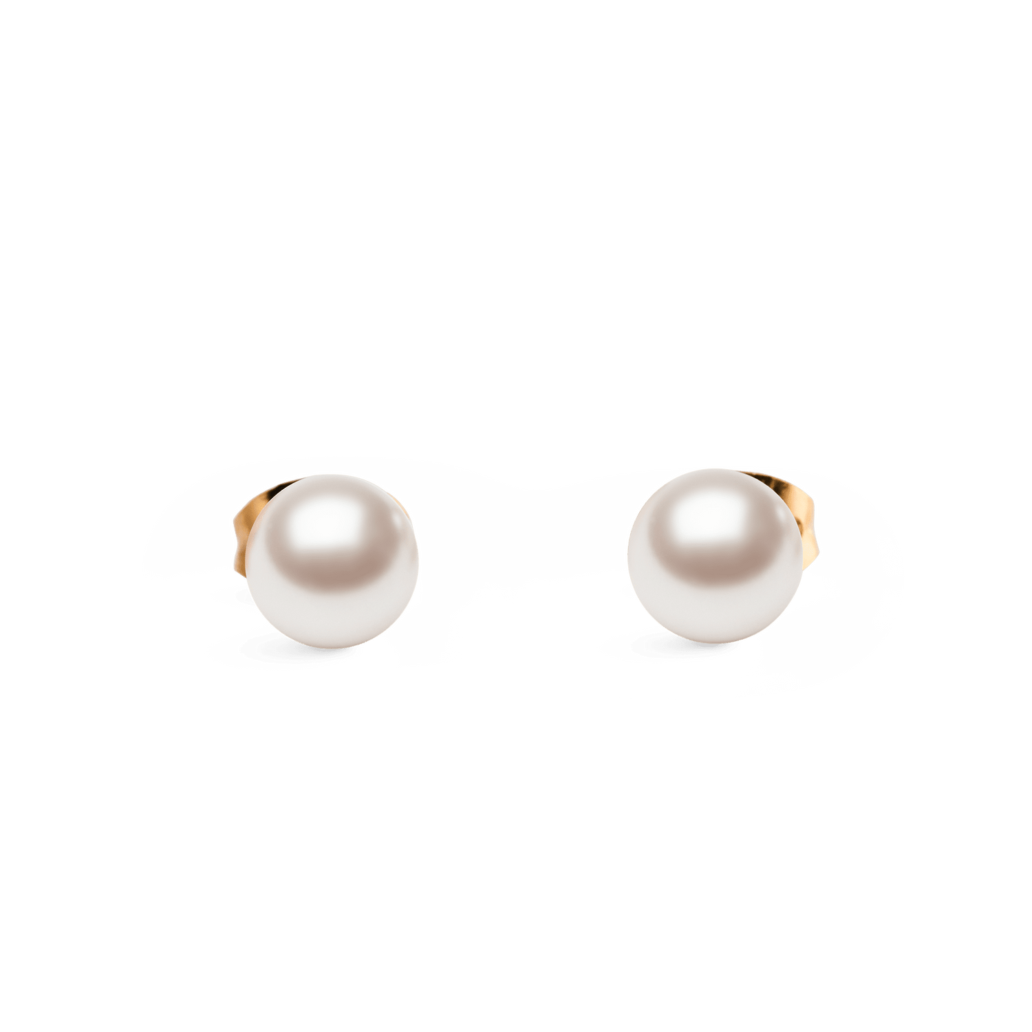 A pair of Pearl Stud Earring Rose Gold featuring luminous white Swarovski glass pearls set in slim rose gold mounts, shown against a plain background to highlight their minimalist and elegant design.