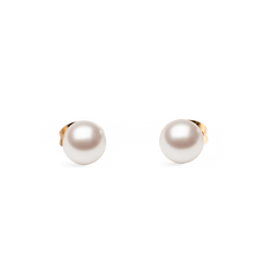 A pair of Pearl Stud Earring Rose Gold featuring luminous white Swarovski glass pearls set in slim rose gold mounts, shown against a plain background to highlight their minimalist and elegant design.