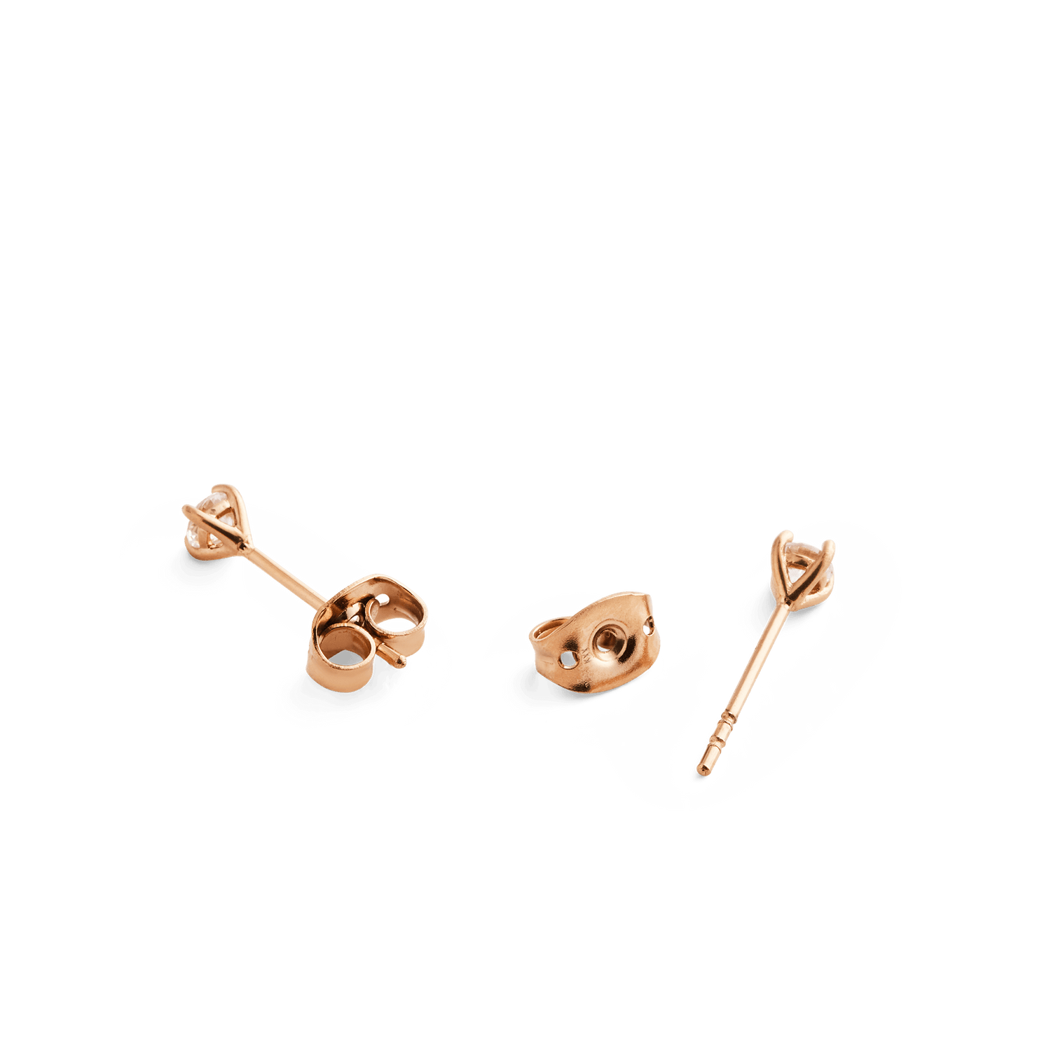 Close-up of Mirelle Solitaire Stud Earring Rose Gold, showing the butterfly backs and slim rose gold posts, highlighting the secure and comfortable design for sensitive ears.