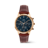 Iconic Chronograph St Mawes Arctic Rg men's watch featuring a blue sunray dial with three sub-dials, rose gold case, and a brown leather strap, designed for versatile everyday wear.