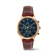 Iconic Chronograph St Mawes Arctic Rg men's watch featuring a blue sunray dial with three sub-dials, rose gold case, and a brown leather strap, designed for versatile everyday wear.