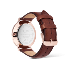 Back view of the Classic Day Display St Mawes Rose Gold Champagne watch showing the engraved stainless steel case, brown genuine leather strap, and rose gold buckle.