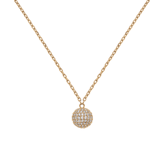 Close-up of the Pavé Crystal Pendant Necklace Gold, showing the gold chain and sphere-shaped pendant covered in sparkling cubic zirconia crystals for a sophisticated, minimalist look.