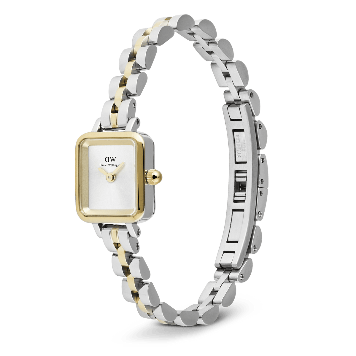 Quadro Mini Arch 3-Link Two Tone Gold features a slim rectangular case with a white dial, gold bezel, and a polished two tone gold and silver 3-link stainless steel bracelet with a butterfly clasp.