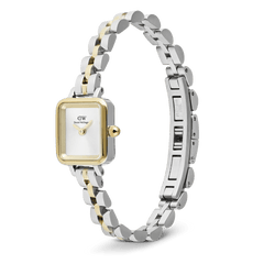 Quadro Mini Arch 3-Link Two Tone Gold features a slim rectangular case with a white dial, gold bezel, and a polished two tone gold and silver 3-link stainless steel bracelet with a butterfly clasp.