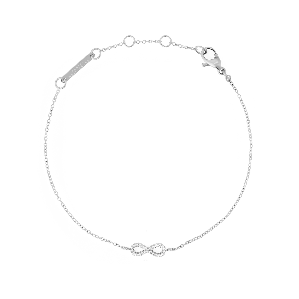 Delicate Mirelle Infinity Bracelet Silver featuring a slim chain and a sparkling infinity symbol set with white cubic zirconia, crafted from stainless steel with an adjustable clasp.