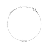 Delicate Mirelle Infinity Bracelet Silver featuring a slim chain and a sparkling infinity symbol set with white cubic zirconia, crafted from stainless steel with an adjustable clasp.