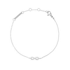 Delicate Mirelle Infinity Bracelet Silver featuring a slim chain and a sparkling infinity symbol set with white cubic zirconia, crafted from stainless steel with an adjustable clasp.