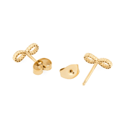 Back view of Mirelle Infinity Earring Gold studs, showing the gold-plated stainless steel infinity design with secure butterfly backs and fine detailing.