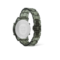 Back view of the Retro Digital Dark Green watch showing the engraved stainless steel case and transparent dark green link bracelet, highlighting its durable and eco-friendly materials.