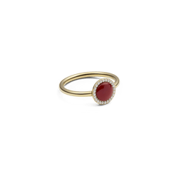 Audrey Ring Red Agathe Gold featuring a slim gold band with a domed red agate stone at the centre, surrounded by a halo of sparkling white cubic zirconia crystals.