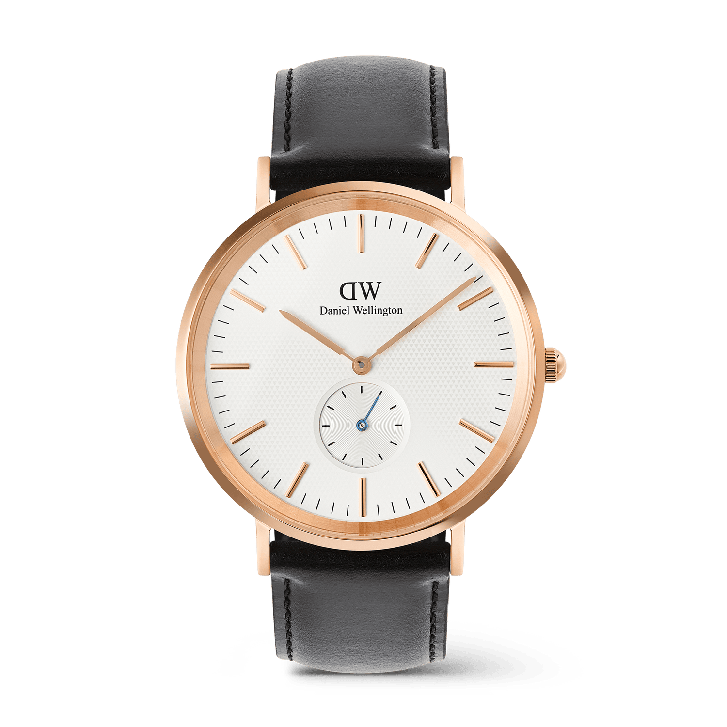 Classic Multi-Eye Sheffield Off-white Sunray Rose Gold men’s watch with a round rose gold case, off-white sunray dial featuring minimalist markers and a blue-tinted sub-second hand, paired with a stitched black leather strap.