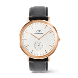 Classic Multi-Eye Sheffield Off-white Sunray Rose Gold men’s watch with a round rose gold case, off-white sunray dial featuring minimalist markers and a blue-tinted sub-second hand, paired with a stitched black leather strap.