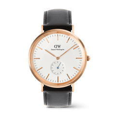 Classic Multi-Eye Sheffield Off-white Sunray Rose Gold men’s watch with a round rose gold case, off-white sunray dial featuring minimalist markers and a blue-tinted sub-second hand, paired with a stitched black leather strap.