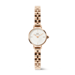 Petite Mini Arch 3-link White Rose Gold watch featuring a slim rose gold stainless steel bracelet, crisp white dial, and minimalist quarter-hour indices, ideal for women seeking an elegant and lightweight accessory.