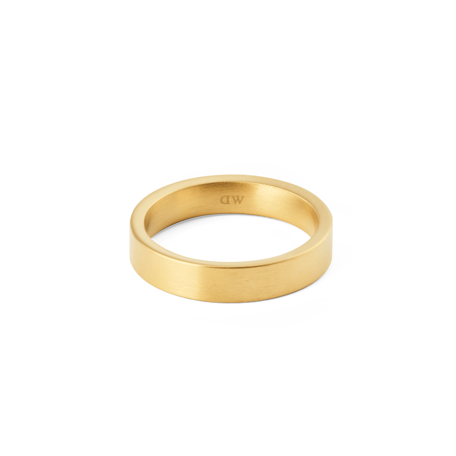 Line Ring Brushed Gold 4.5mm displays a sleek, matte gold band with minimalist lines and a subtle interior logo, ideal for both men and women seeking a refined everyday accessory.