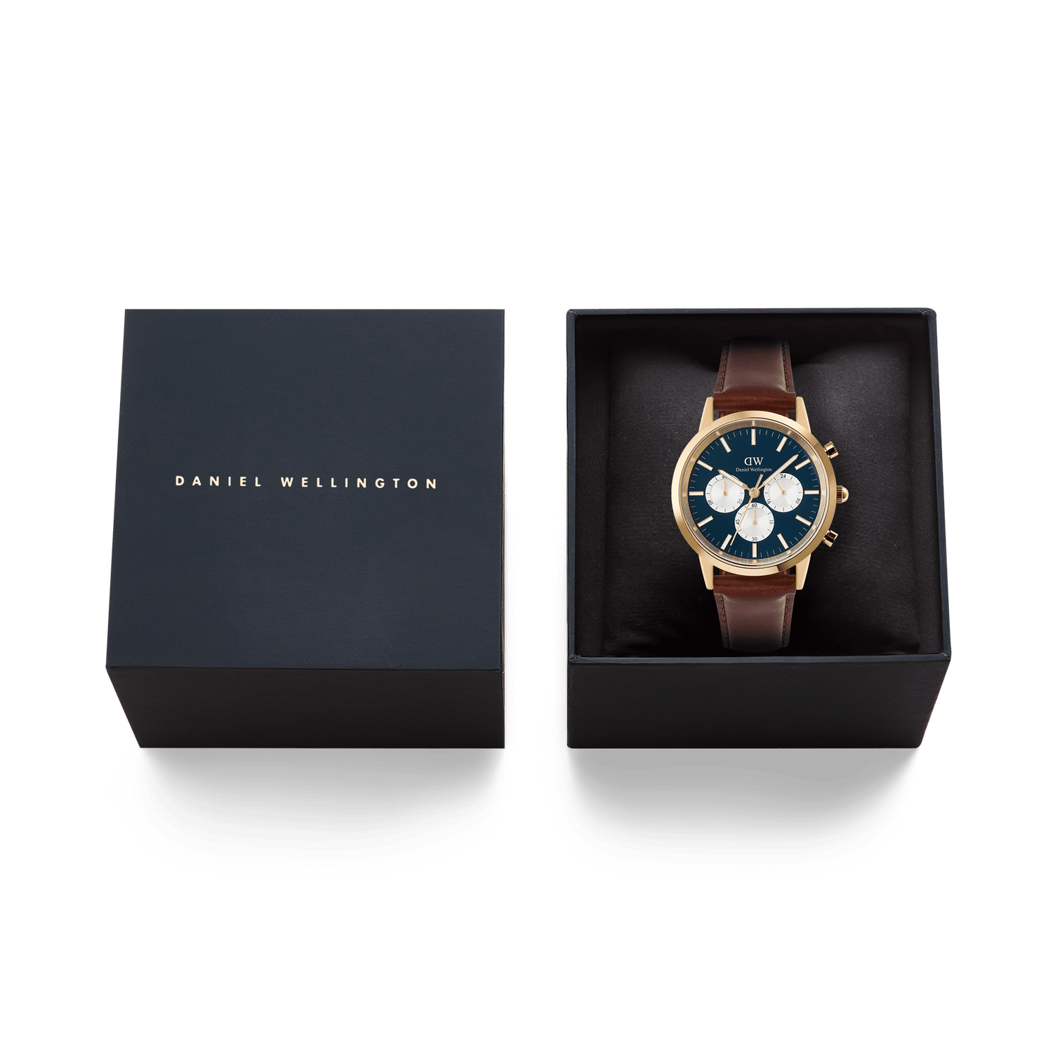 Iconic Chronograph St Mawes Arctic Panda Gold watch with a gold case, blue panda dial, and brown leather strap, elegantly presented in a black Daniel Wellington gift box.