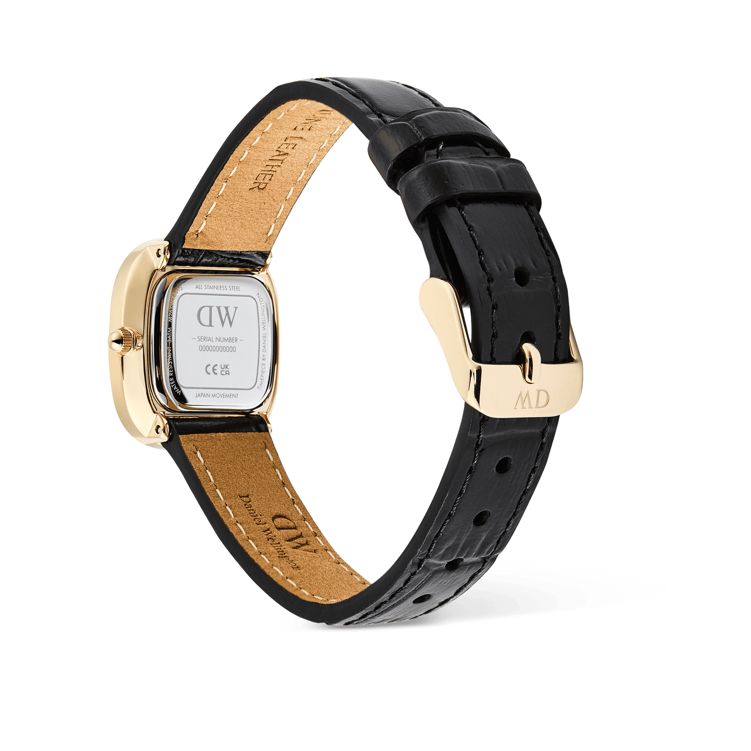 Margot Reading Onyx Ceramic Gold ladies watch shown from the back, highlighting the gold-tone pin buckle, croco-embossed black leather strap, and stainless steel case with Japanese quartz movement details.