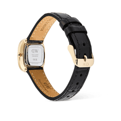 Margot Reading Onyx Ceramic Gold ladies watch shown from the back, highlighting the gold-tone pin buckle, croco-embossed black leather strap, and stainless steel case with Japanese quartz movement details.