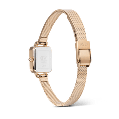 Rear view of the Quadro Mini Reflection Rose Gold ladies watch, showing the stainless steel case back, polished rose gold mesh strap, and secure clasp buckle.