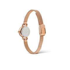 Petite Mini Melrose ladies watch shown from the back, featuring a stainless steel case and adjustable rose gold mesh strap with a secure clasp, highlighting its quality craftsmanship.