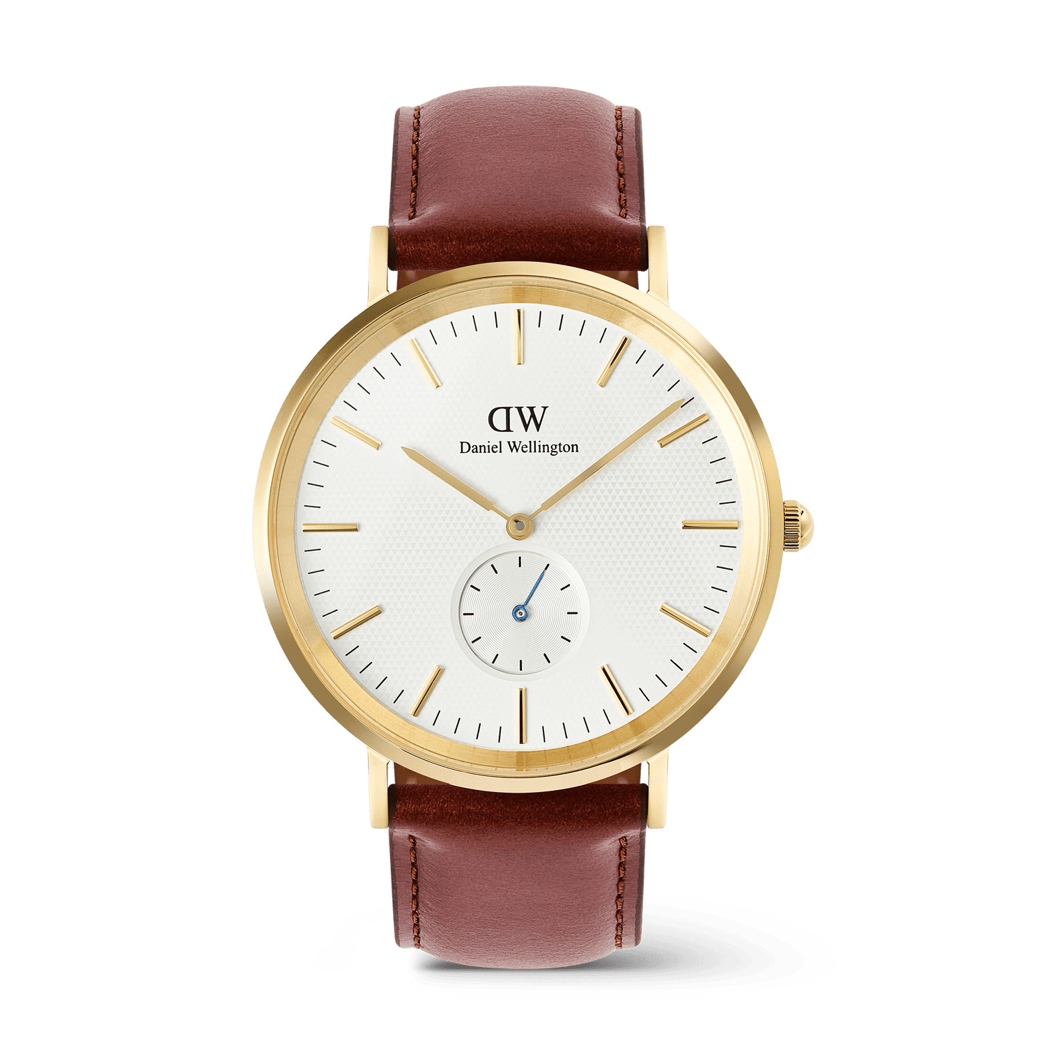 Classic Multi-Eye St Mawes Off-white Sunray Gold men’s watch with a gold-plated round case, light beige sunray dial featuring a triangular pattern, slim gold markers, blue-tinted sub-second hand, and a stitched brown leather strap.