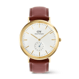 Classic Multi-Eye St Mawes Off-white Sunray Gold men’s watch with a gold-plated round case, light beige sunray dial featuring a triangular pattern, slim gold markers, blue-tinted sub-second hand, and a stitched brown leather strap.