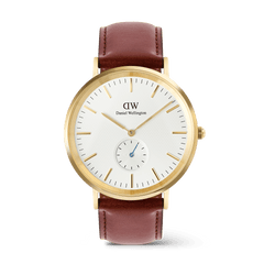 Classic Multi-Eye St Mawes Off-white Sunray Gold men’s watch with a gold-plated round case, light beige sunray dial featuring a triangular pattern, slim gold markers, blue-tinted sub-second hand, and a stitched brown leather strap.