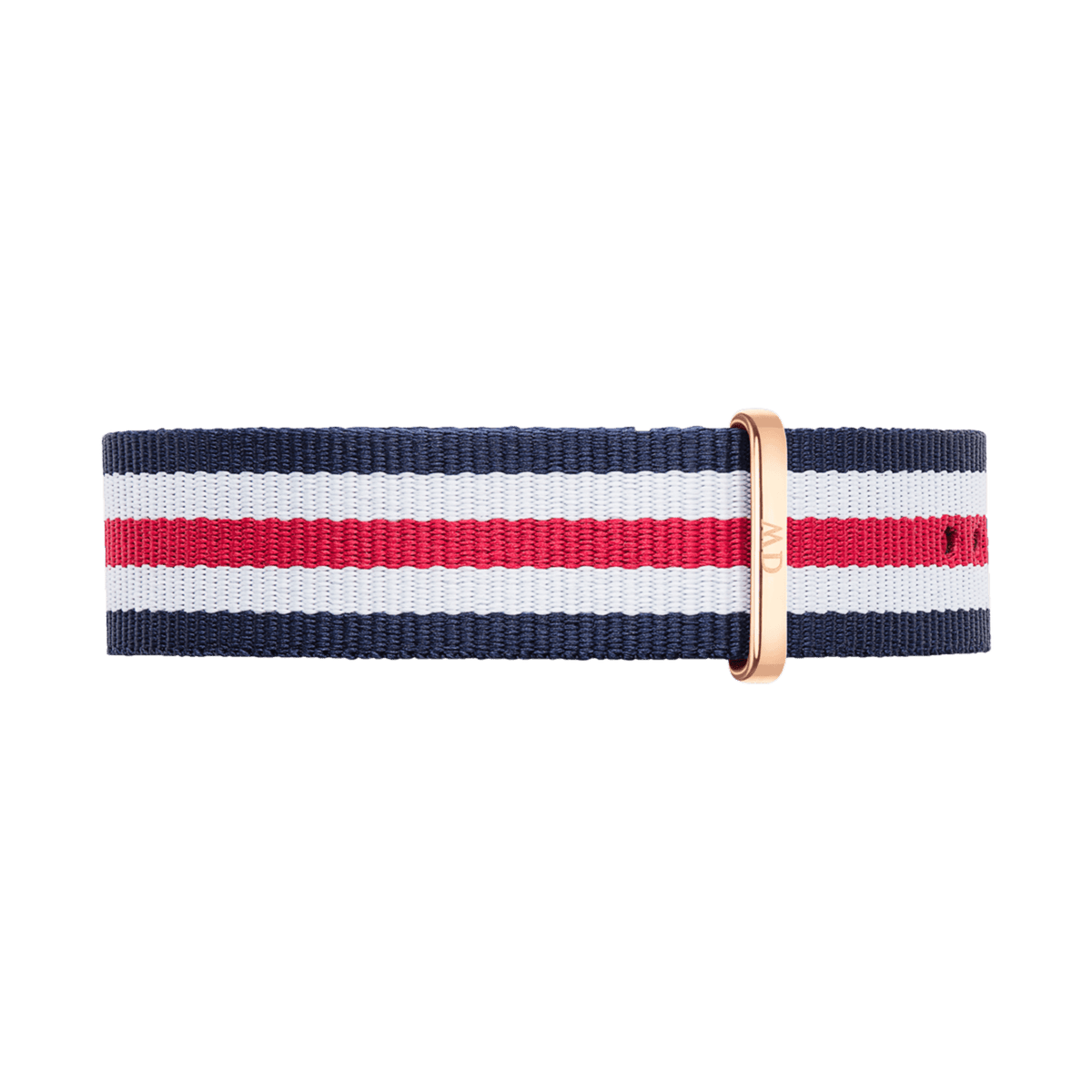 Navy, white, and red striped Canterbury Strap Rose Gold NATO watch strap with a rose gold buckle, made from durable polyester for a comfortable and stylish fit.